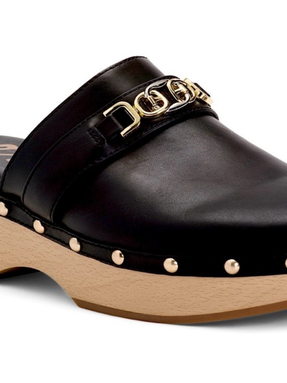 Sam Edelman Kaye Black Studded Leather Platform Clog Mule with Gold Chain Accent
